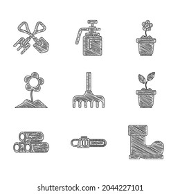 Set Garden rake, Chainsaw, Waterproof rubber boot, Plant pot, Wooden logs, Flower,  and Shovel and icon. Vector