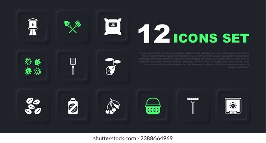 Set Garden rake, escarabajo de Colorado, horquilla de cocina, cesta de mimbre, Spray contra insectos, Shovel and and Fresh berries icon. Vector