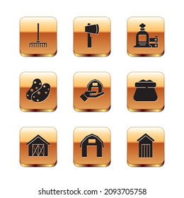 Set Garden rake, Farm house, in hand, Potato, Full sack wooden box, Wooden outdoor toilet and axe icon. Vector
