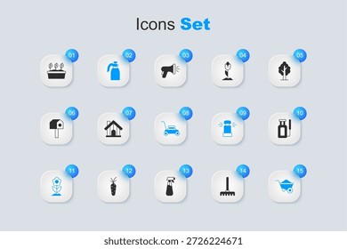 Conjunto de rastrillo de jardín, casa de campo, pulverizador de agua, flor, carretilla, planta en maceta y cortacésped icono. Vector
