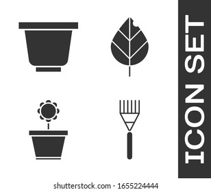 Set Garden rake, Flower pot, Flower in pot and Leaf icon. Vector