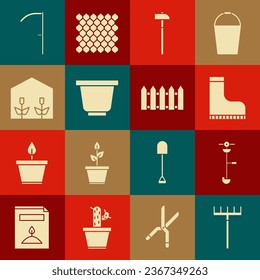 Set Garden rake, Grass and weed electric string trimmer, Waterproof rubber boot, Hammer, Flower pot, Home greenhouse plants, Scythe and fence wooden icon. Vector