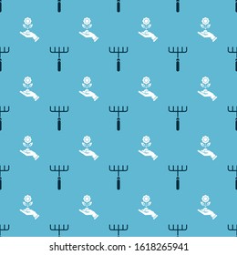 Set Garden rake and Hand holding flower on seamless pattern. Vector