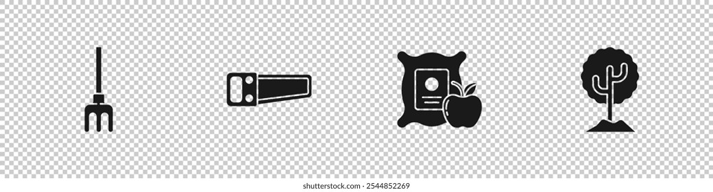 Set Garden rake, Hand saw, Apple in the sack and Tree icon. Vector