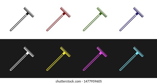 Set Garden rake icon isolated on black and white background. Tool for horticulture, agriculture, farming. Ground cultivator. Housekeeping equipment.  Vector Illustration