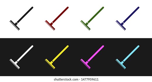 Set Garden rake icon isolated on black and white background. Tool for horticulture, agriculture, farming. Ground cultivator. Housekeeping equipment.  Vector Illustration