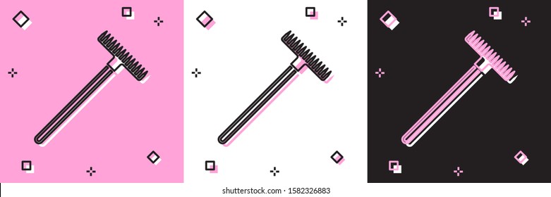 Set Garden rake icon isolated on pink and white, black background. Tool for horticulture, agriculture, farming. Ground cultivator. Housekeeping equipment.  Vector Illustration