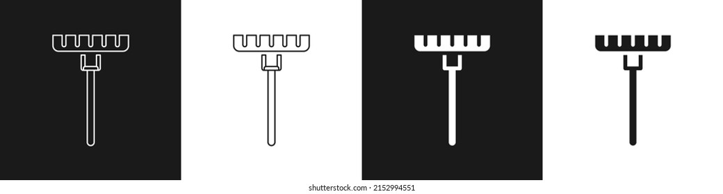 Set Garden rake icon isolated on black and white background. Tool for horticulture, agriculture, farming. Ground cultivator. Housekeeping equipment.  Vector