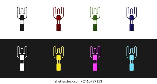 Set Garden rake icon isolated on black and white background. Tool for horticulture, agriculture, farming. Ground cultivator. Housekeeping equipment.  Vector