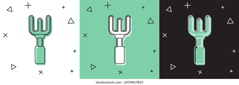 Set Garden rake icon isolated on white and green, black background. Tool for horticulture, agriculture, farming. Ground cultivator. Housekeeping equipment.  Vector