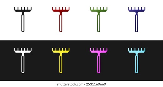 Set Garden rake icon isolated on black and white background. Tool for horticulture, agriculture, farming. Ground cultivator. Housekeeping equipment.  Vector