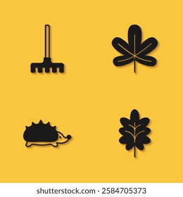 Set Garden rake, Leaf, Hedgehog and Chestnut leaf icon with long shadow. Vector