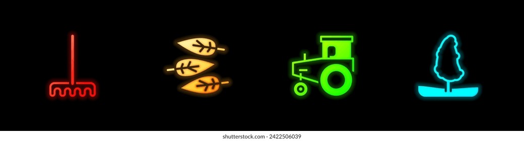 Set Garden rake, Leaf or leaves, Tractor and Tree icon. Vector