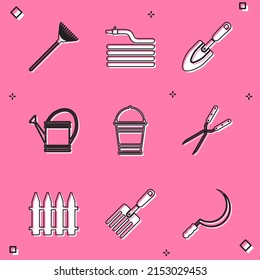 Set Garden rake for leaves, hose fire hose, trowel spade shovel, Watering can, Bucket, Gardening handmade scissor, fence and fork icon. Vector