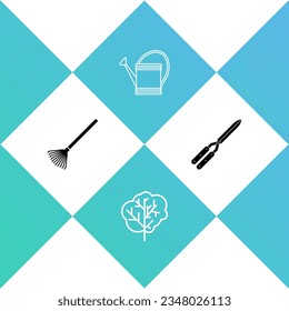 Set Garden rake for leaves, Tree, Watering can and Gardening handmade scissor icon. Vector