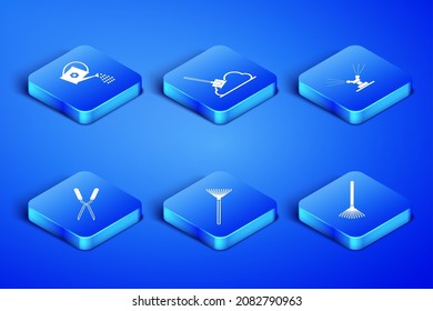Set Garden rake for leaves, Watering can, Gardening handmade scissor, Shovel the ground and Automatic irrigation sprinklers icon. Vector