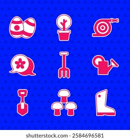 Set Garden rake, Mushroom, Rubber gloves, Watering can, Shovel, Flower, hose and Easter egg icon. Vector