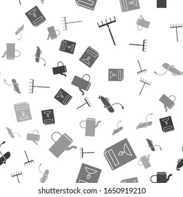 Set Garden rake, A pack full of seeds of a specific plant, Lawn mower and Watering can on seamless pattern. Vector