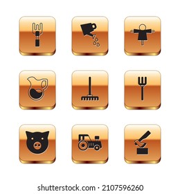 Set Garden rake, Pig, Tractor, Jug glass with milk, Scarecrow, Wooden axe and Watering can icon. Vector
