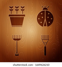 Set Garden rake, Plants in pot, Garden rake and Ladybug on wooden background. Vector