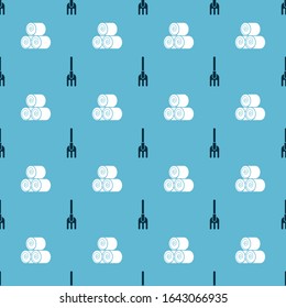 Set Garden rake and Roll of hay on seamless pattern. Vector