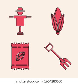 Set Garden rake, Scarecrow, Corn and A pack full of seeds of a specific plant icon. Vector