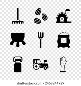 Set Garden rake, Seeds, Farm house, Can container for milk, Tractor, Rubber gloves, Udder and pitchfork icon. Vector