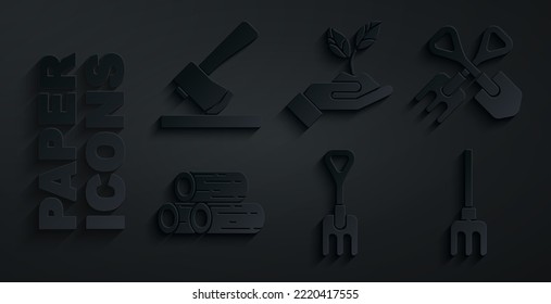 Set Garden rake, Shovel and, Wooden logs, Plant in hand of environmental and axe icon. Vector