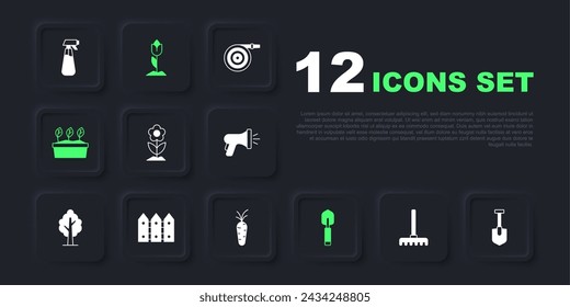 Set Garden rake, Shovel, Flower, trowel spade or shovel, Plant in pot, fence wooden, tulip and Carrot icon. Vector