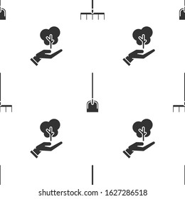 Set Garden rake, Shovel and Tree in hand of environmental protection on seamless pattern. Vector