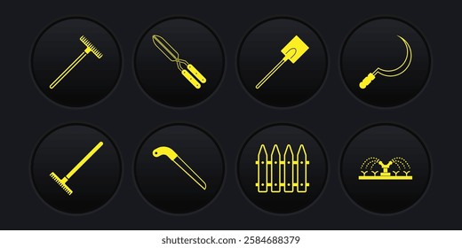 Set Garden rake, Sickle, saw, fence, shovel, Gardening handmade scissor, Automatic irrigation sprinklers and  icon. Vector