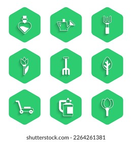 Set Garden rake, sprayer for fertilizer, Flower tulip, Forest, Lawn mower,  and Bottle with love potion icon. Vector