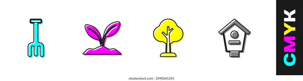 Set Garden rake, Sprout, Forest and Bird house icon. Vector