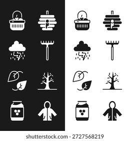 Set Garden rake, Storm, Basket and food, Hive for bees, Leaf, Bare tree, Raincoat and Jar of honey icon. Vector