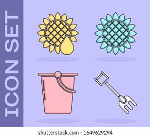 Set Garden rake, Sunflower, Bucket and Sunflower icon. Vector