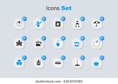 Set Garden rake, Teapot, Bare tree, Clover, Coffee cup, Apple, Chestnut and Acorn icon. Vector
