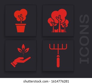 Set Garden rake, Tree in pot, Trees and Plant in hand of environmental protection icon. Vector