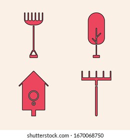 Set Garden rake, Garden rake, Tree and Retro wall watch icon. Vector