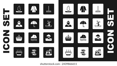 Set Garden rake, Umbrella, Autumn clothes, Tree, Bare tree, Raincoat, Mushroom and Basket icon. Vector