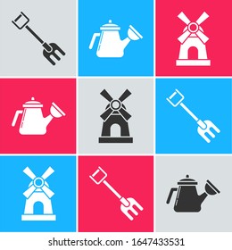 Set Garden rake, Watering can and Windmill icon. Vector