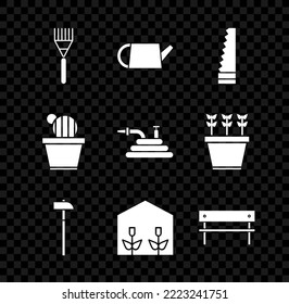 Set Garden rake, Watering can, saw, Hammer, Home greenhouse and plants, Bench, Cactus succulent pot and hose or fire hose icon. Vector