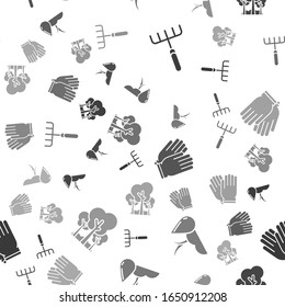Set Garden rake, Watering sprout, Garden gloves and Trees on seamless pattern. Vector