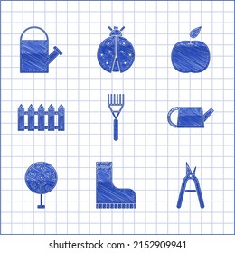 Set Garden rake, Waterproof rubber boot, Gardening handmade scissors, Watering can, Tree, fence wooden, Apple and  icon. Vector