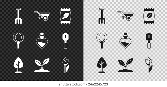 Set Garden rake, Wheelbarrow with dirt, Fertilizer bag, Forest, Sprout, Flower tulip,  and Bottle love potion icon. Vector