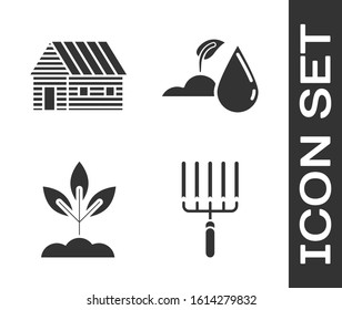 Set Garden rake in work, Farm house, Plant and Watering sprout icon. Vector