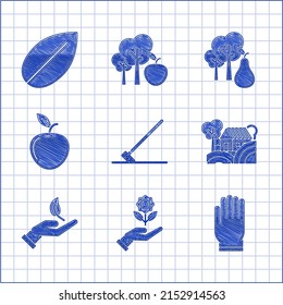 Set Garden rake in work, Hand holding flower, gloves, Farm House concept, Sprout hand of environmental protection, Apple, Tree with pears and Leaf icon. Vector