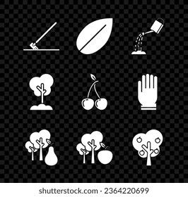 Set Garden rake in work, Leaf, Watering can with water, Tree pears, apple, the ground and Cherry icon. Vector