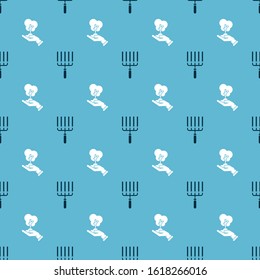 Set Garden rake in work and Tree in hand of environmental protection on seamless pattern. Vector