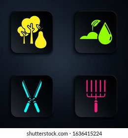 Set Garden rake in work, Tree with pears, Gardening handmade scissors for trimming and Watering sprout. Black square button. Vector
