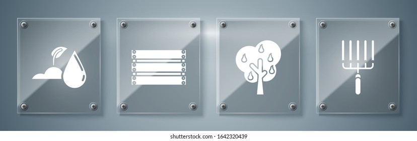 Set Garden rake in work, Tree with pears, Wooden box and Watering sprout. Square glass panels. Vector